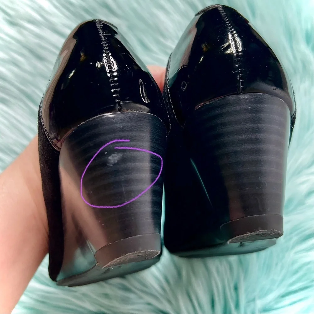 Clarks Black SUEDE & PATENT LEATHER Cap Toe Soft Cushion Low Wedges Women's 6